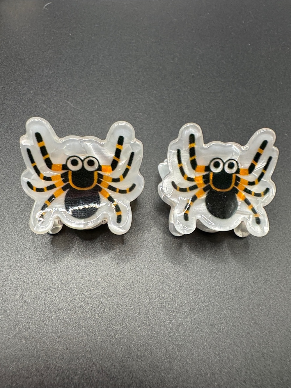 Cute Pearlescent Spider Hair Clips — Black & Orange set of 2 Halloween